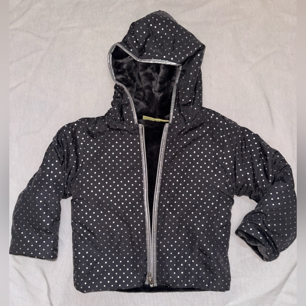 Penelope Mack Black Polka Dot Puffer Jacket with cozy fleece lining